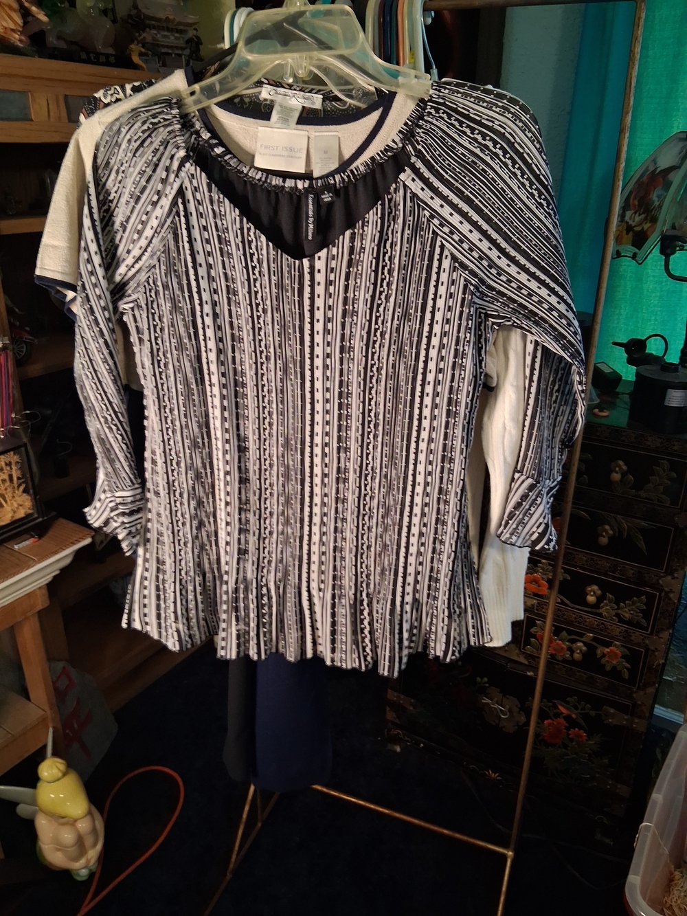 Essentials by Milano Black and White Striped Pleated Hem Blouse